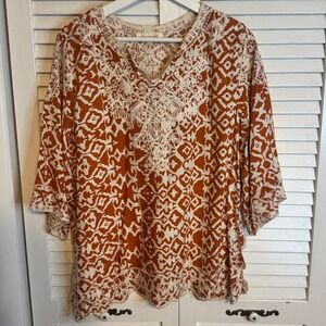 Solitaire Anthropologie Womens Boho Lace Detail V-Neck 3/4‎ Sleeve Top SZ M